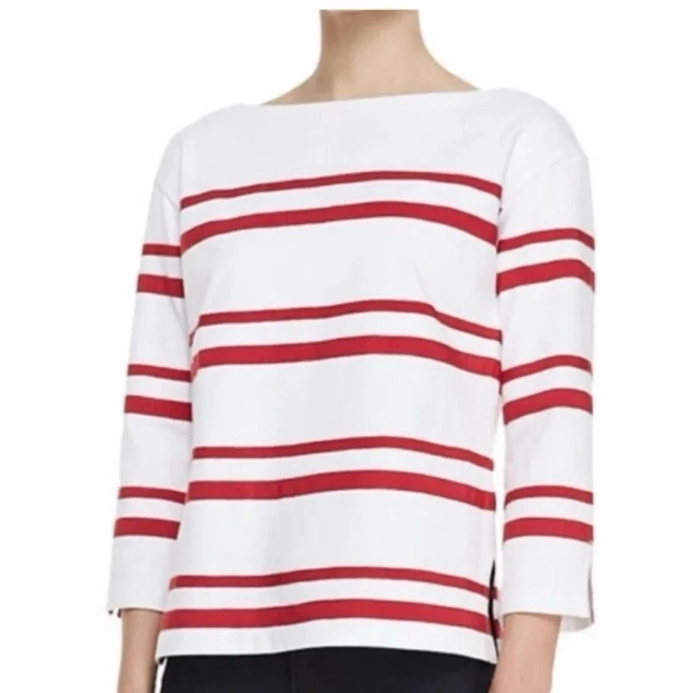 Tory Burch Kendall Grosgrain Ribbon Stripe Trim Top Bateau Blouse Red White Sz S